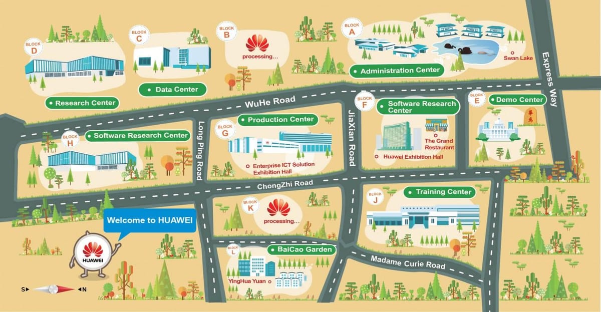 mapa firmu huawei Shenzhenu 